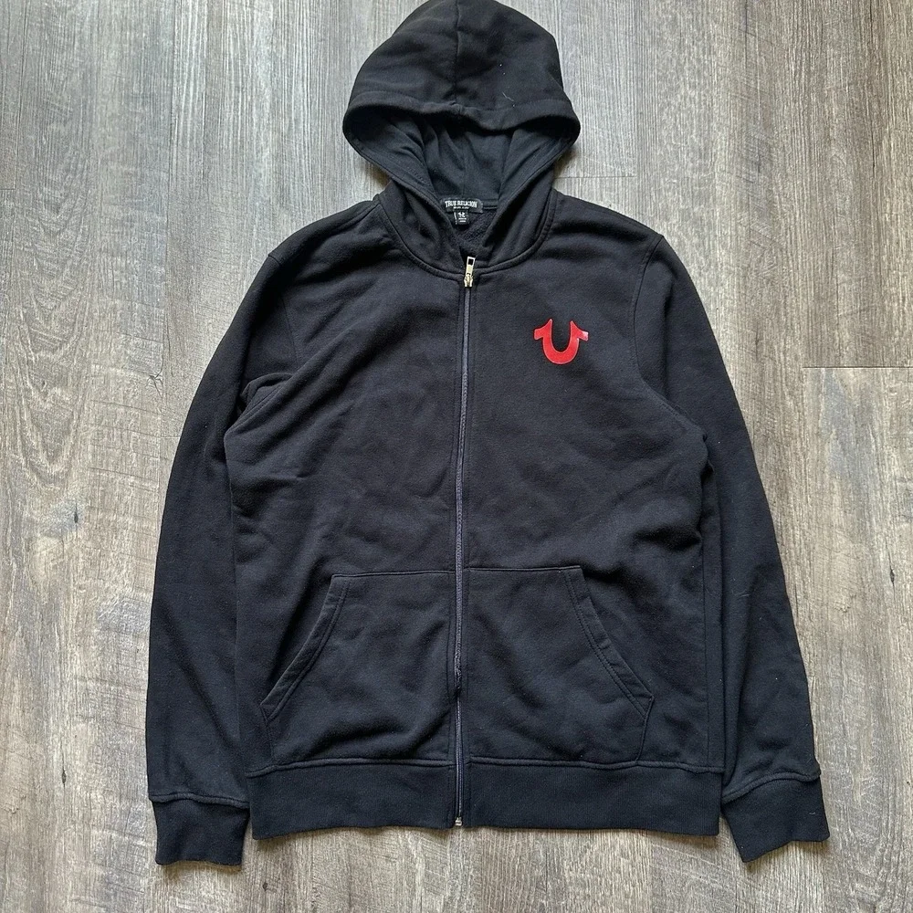 True Religion Zip Hoodie Mens Large Black Red Buddha Silicone Seal 700887R Read